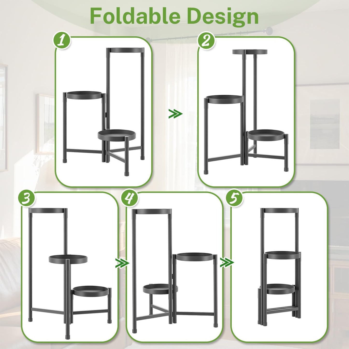 iDavosic.ly Plant Stand Indoor Outdoor, 3 Tier Corner Metal Flower Display Holder Shelf, Folding Tall Orchid Rack for Patio Balcony Porch Garden Living Room House, Black
