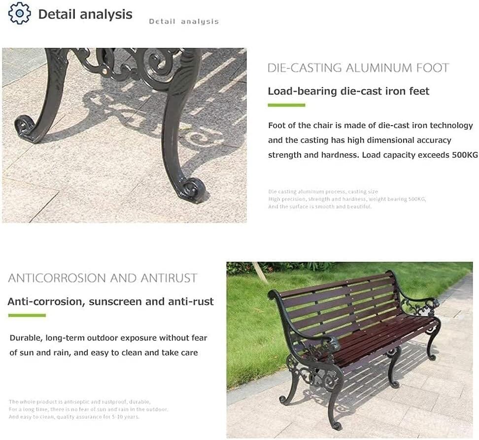 Outdoor Solid Wood Garden Park Bench for 2-3 People, Weatherproof Patio Lawn Bench Porch Seat with Cast Iron Frame, Porch/Deck/Patio Furniture Bench with Backrest and Armrests(Teak+Black Chair Legs,12