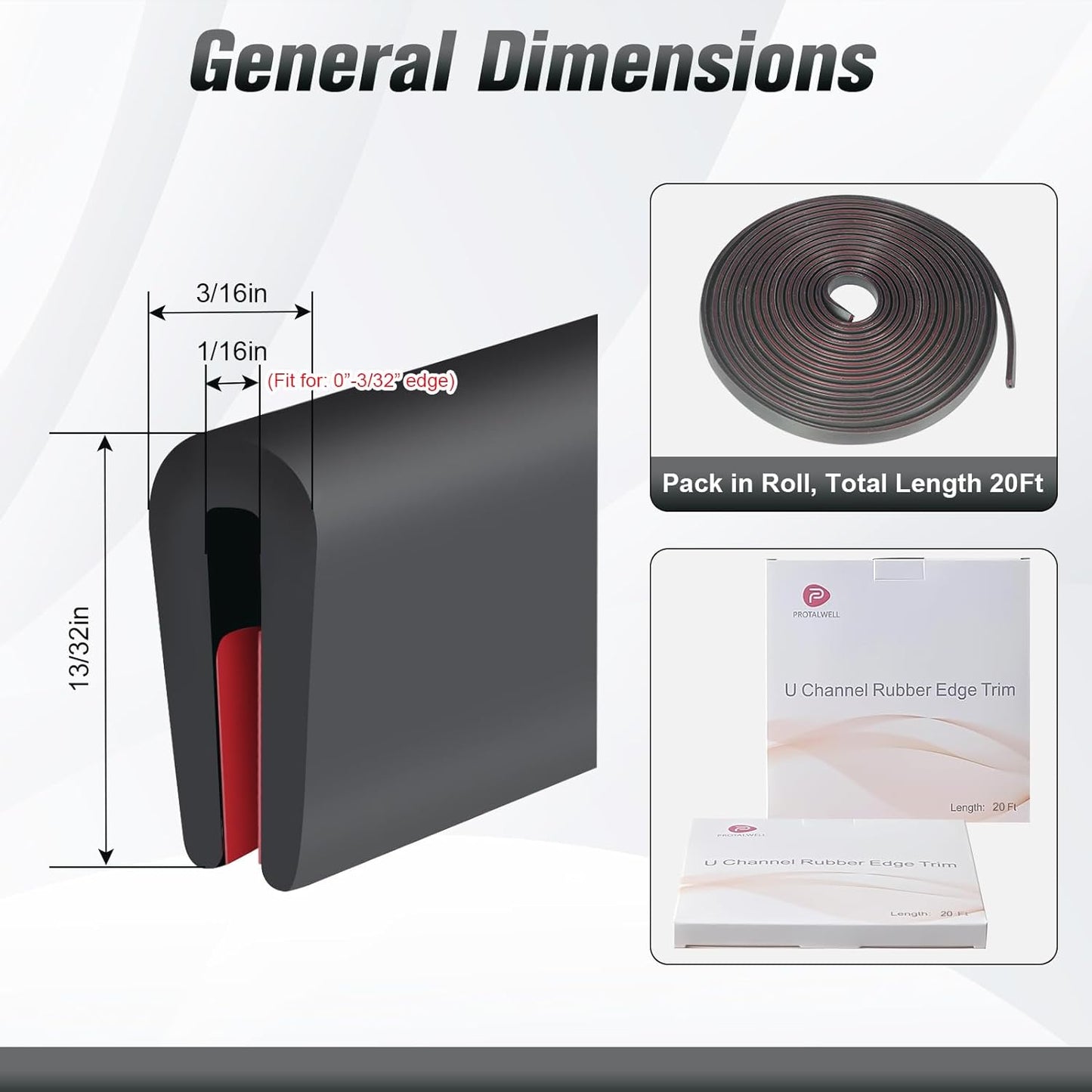 Edge Trim, 1/16" Rubber Edge Trim, Flexible Self Adhesive U Channel Edge Protector for Sharp Edge, Sheet Metal and Car Doors, Peel and Stick Car Door Edge Guard, Black Color, 20Ft