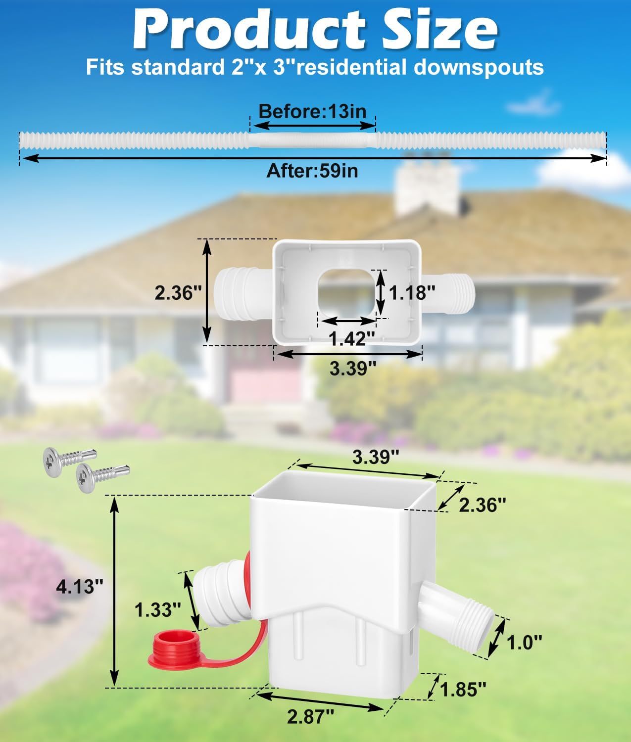 Downspout Diverter, WADEO Rain Barrel Diverter Fits for 2"x 3" Standard Downspout, Rainwater Collection System with Two Water Outlets to Collect Rainwater from Gutter, with 5FT Hose