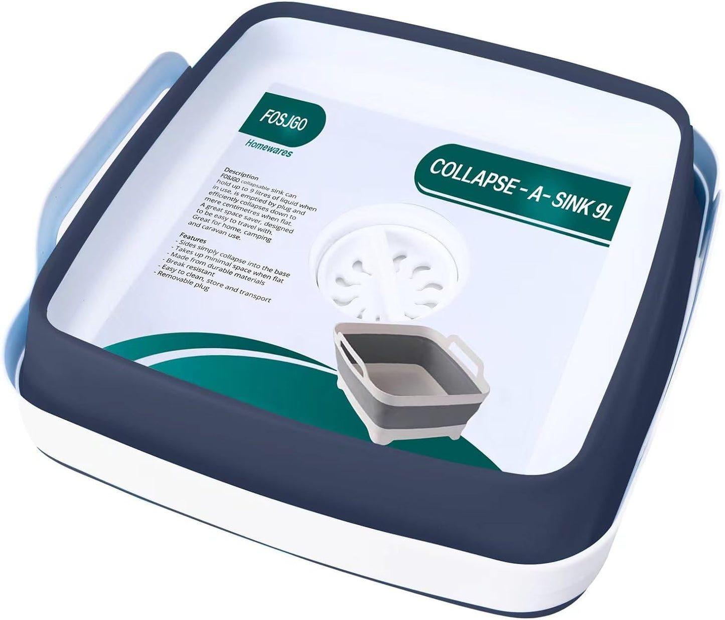 2.4 Gal(9L) Collapsible Dish Basin with Drain Plug,Space Saving Multiuse Foldable Sink Tub,Dishpan,Kitchen Sink for Camping,Plastic Tub,Vegetable Washing,RV