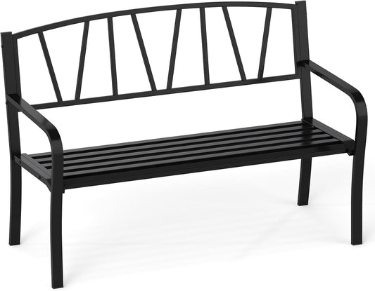 Tangkula Metal Patio Park Bench, Outdoor Garden Bench Loveseat for 2-3 People with Curved Armrests & Minimalist Backrest, Heavy-Duty Outdside Seating for Backyard, Poolside, Porch (Black)