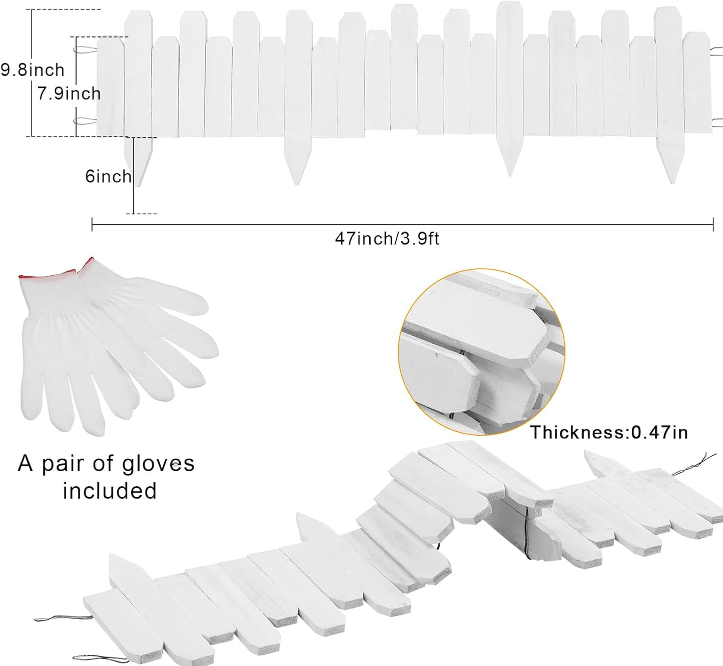 Soaoo 6 Pack Wood Garden Edging Border Outdoor Landscape Edging Flexible Decorative Garden Fence Border with White Gloves for Lawn Yard Tree Flower Bed Pathway (White)