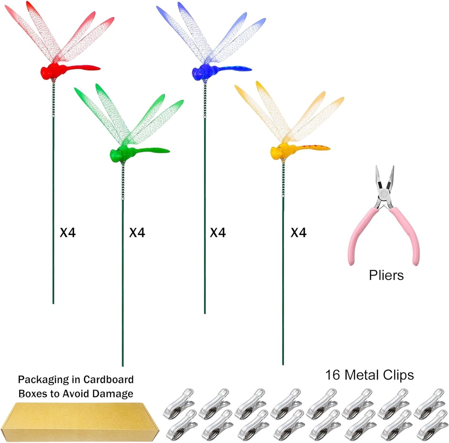 Jongdari 16 Sets Dragonfly Hat Clip Realistic Fake Dragonflies Clip-On Garden Outdoor Decor Stakes Plastic Dragon Fly Clips Plant Decorations for Pots, Includes Pliers & Clips - Small