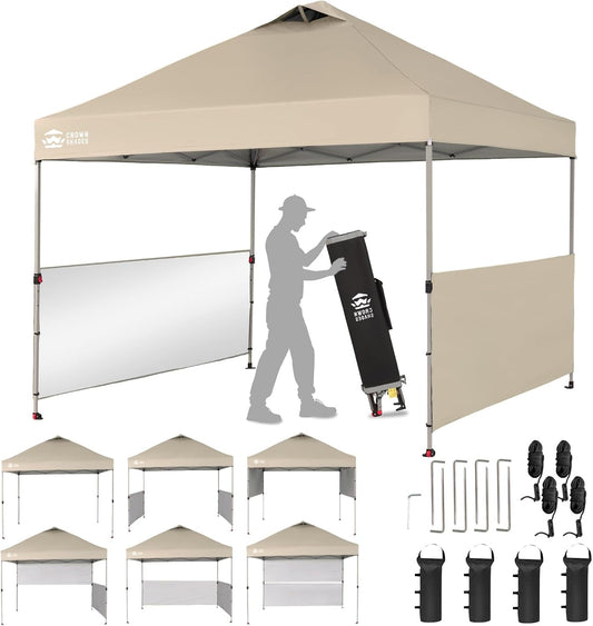 CROWN SHADES 10x10 Pop up Canopy Tent Instant Canopy with 150D Silver Coated Fabric Including 2 Half Sidewalls, 4 Ropes, 8 Stakes, 4 Weight Bags, STO 'N Go Bag, Beige