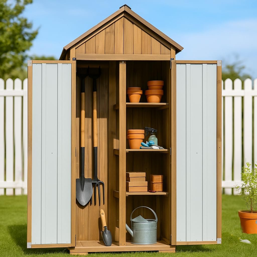Outdoor Storage Cabinet, Wood & Metal Storage Shed with Weather-Resistant Roof, Adjustable Shelf, Lockable Doors & Adjustable Feet, for Garden, Patio, Backyard, 27.5" x 13" x 67" (Brown+Black)