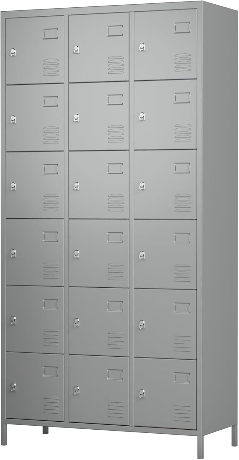 18 Doors Metal Storage Locker with Business Card Holder, 72" H Employees Lockers Storage Cabinet for Home, Office, Gym, School, Assenbly Required, Light Gray
