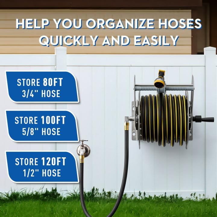 GREENER Stainless Steel Hose Reel for Outside,Wall Mount Garden Hose Holder Heavy Duty Metal Reel, 3/4" Solid Connector with 5/8" Inlet Hose and Crank,100-Feet 5/8" Hose Capacity