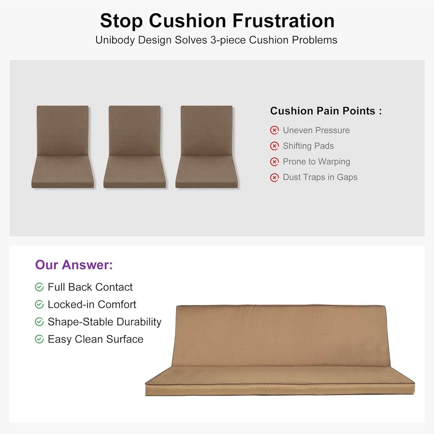 PURPLE LEAF Outdoor Patio Porch Swing Adjustable Backrest, 3-seat Swing Chair with Weather Resistant Steel Frame for Backyard Front Porch Lawn, Cushion and Pillows Included, Beige