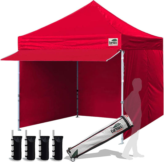 Eurmax USA 10 x 10 Pop up Canopy Commercial Tent Outdoor Party Canopies with 4 Removable Zippered Sidewalls and Roller Bag Bonus 4 Canopy Sand Bags & 24 Squre Ft Extended Awning(Red)