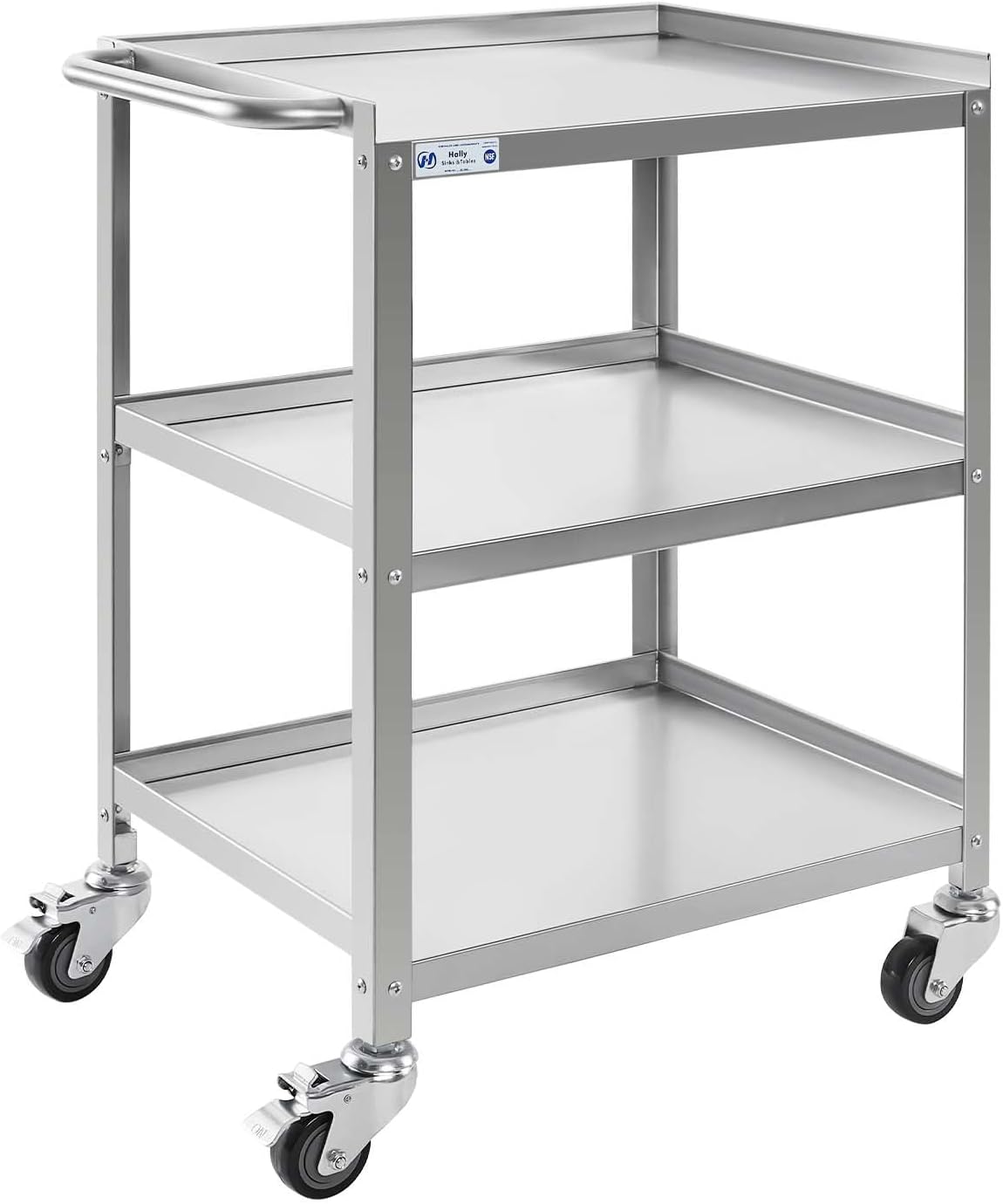 Hally Stainless Steel Utility Cart 3 Tier NSF Commercial Heavy Duty Metal Mobile Food Rolling Cart with Handle and Wheels for Kitchen, Restaurant, Hospital, Laboratory and Home, 24" L x 16" W x 34" H