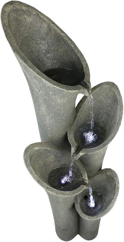 4-Tier Faux Stone LED Floor Fountain, 33.5 Inch Waterfall Outdoor Fountain LED Illuminated Water Feature for Patio Garden