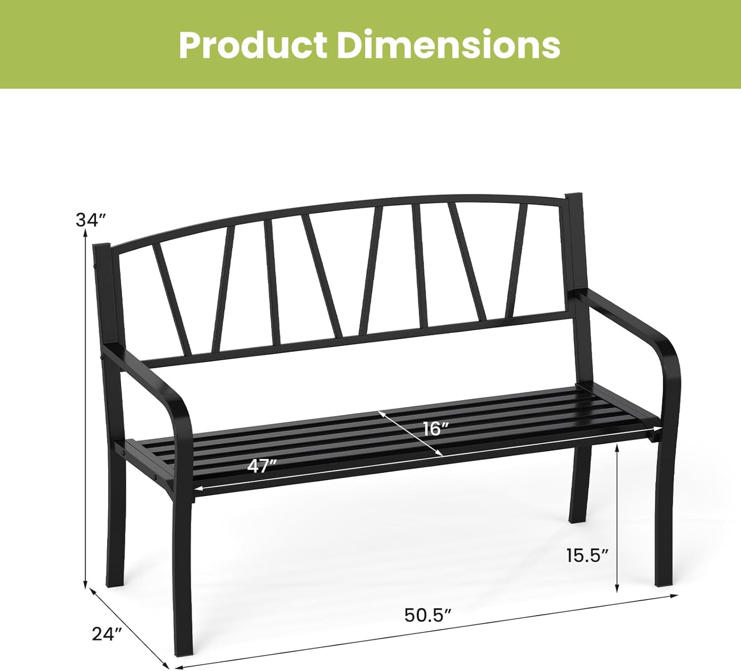 Tangkula Metal Patio Park Bench, Outdoor Garden Bench Loveseat for 2-3 People with Curved Armrests & Minimalist Backrest, Heavy-Duty Outdside Seating for Backyard, Poolside, Porch (Black)
