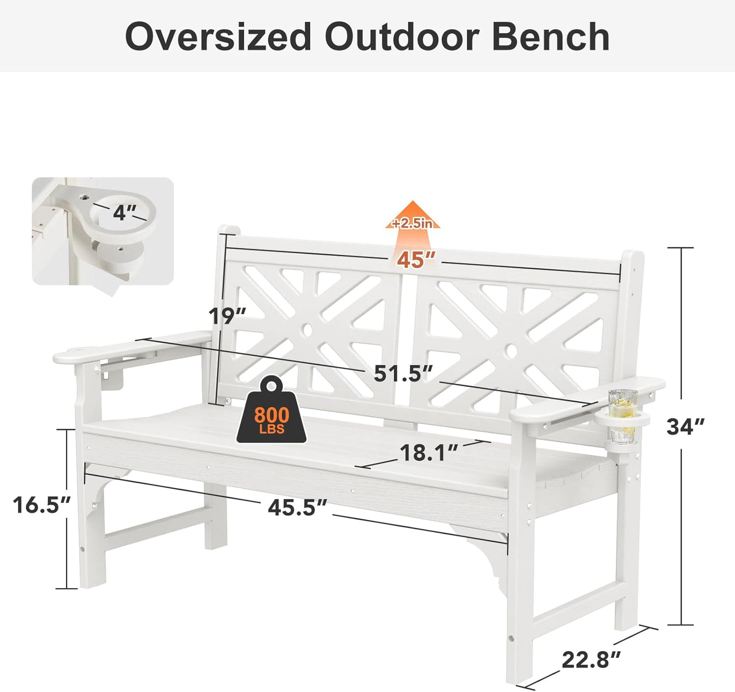 Oversized Outdoor Bench with Cup Holders, 51.5” HDPE Aesthetic Garden Bench for 2 Person, Memorial Benches - Easy Assembly & All Weather, for Porch & Patio, 800lbs Load Capacity (White, 1pc)