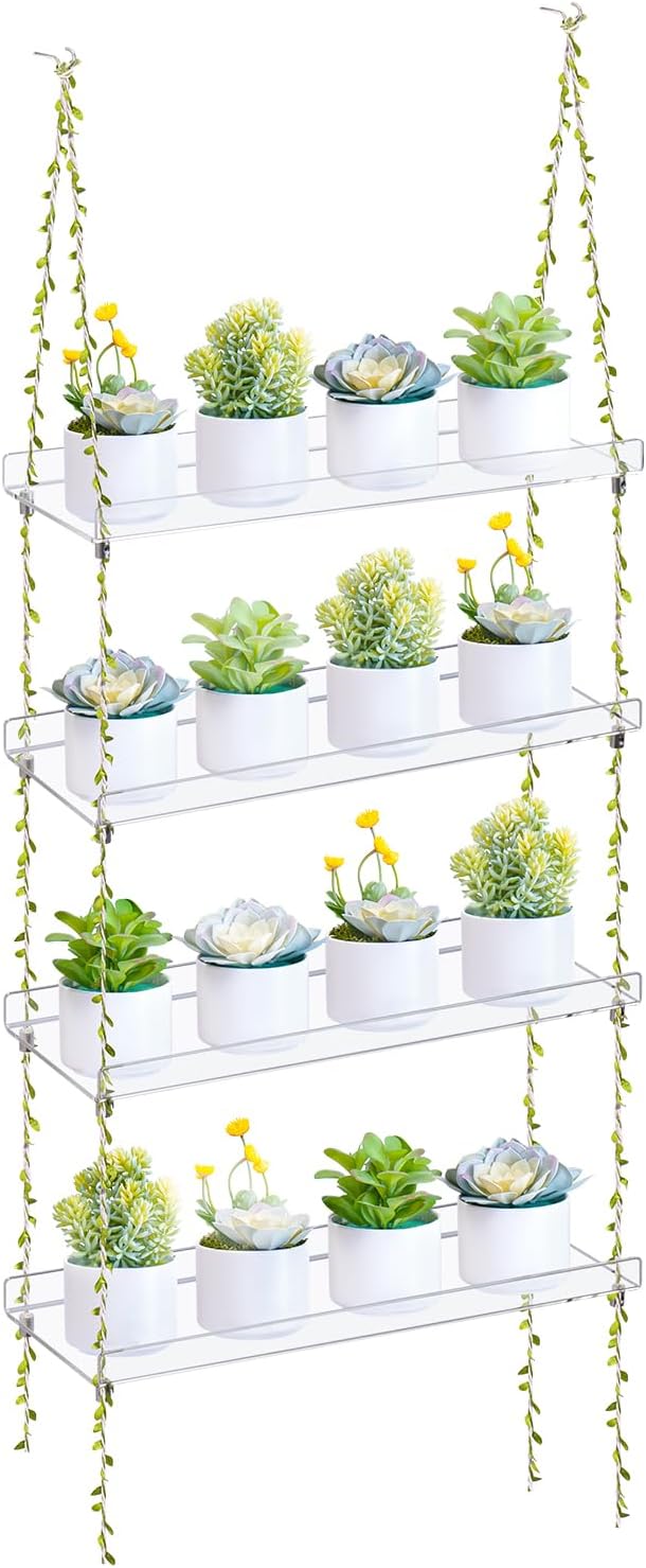 Sumerflos Acrylic Window Boxes Window Plant Shelves 4 Tier - Clear Hanging Shelf Indoor Jute Twine Adjustable Plant Holder for Window Wall Living Room Balcony Natural