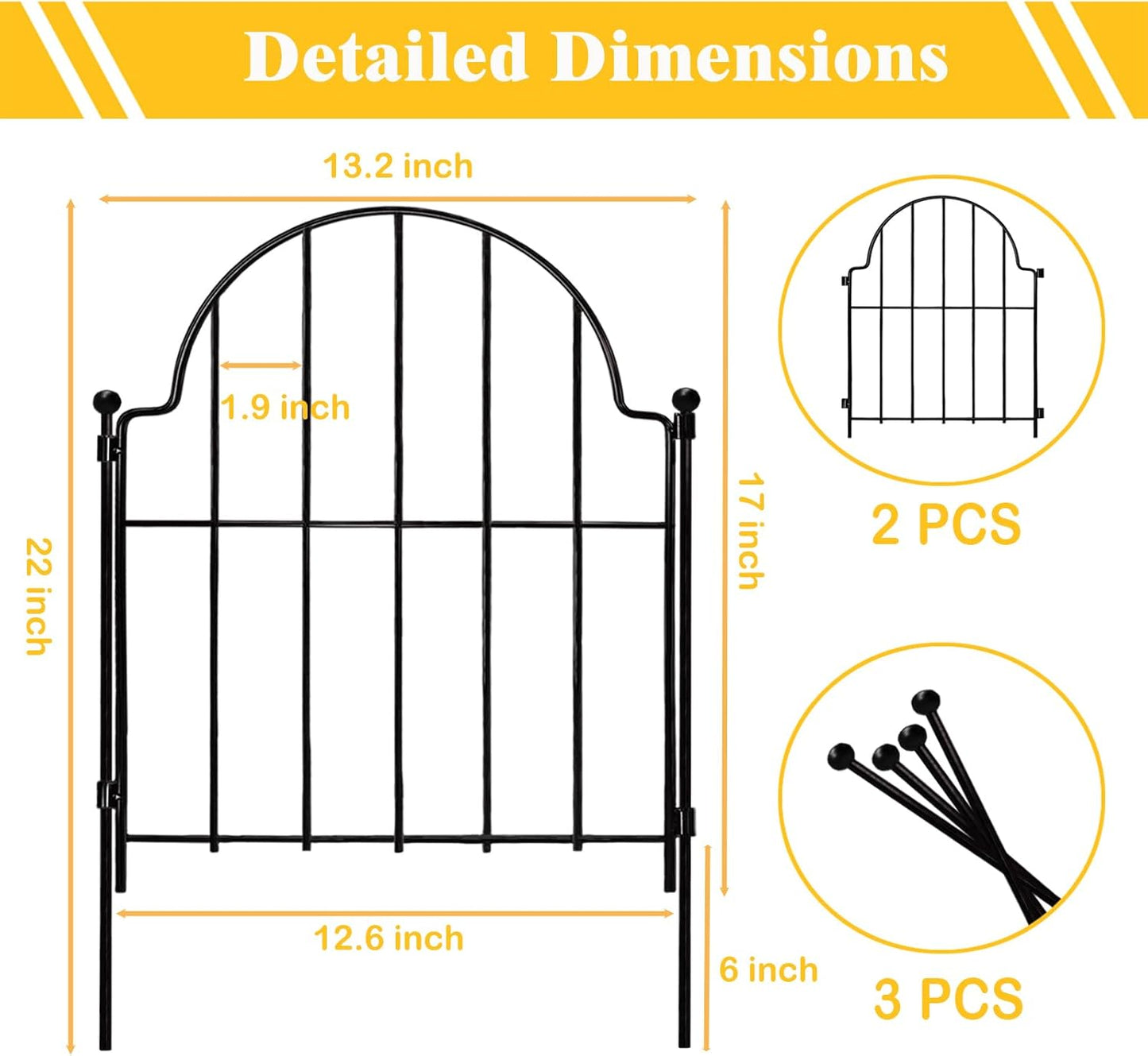 Garden Fence, 2 Panels 22 in(H) x 2.2 ft(L) Arched Rustproof Metal No Dig Fence Garden Fence Border, Ground Stake Animal Barrier Fence for Rabbit Dog, Outdoor Landscape Decor for Yard & Patio