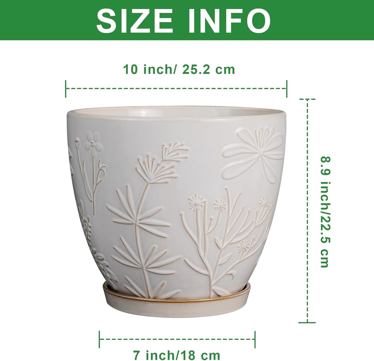 10 Inch Plant Pot Ceramic Planter Pot with Drainage Hole and Saucer Round Planter Large Flower Pot for Indoor Outdoor Plants Home Garden Decor White