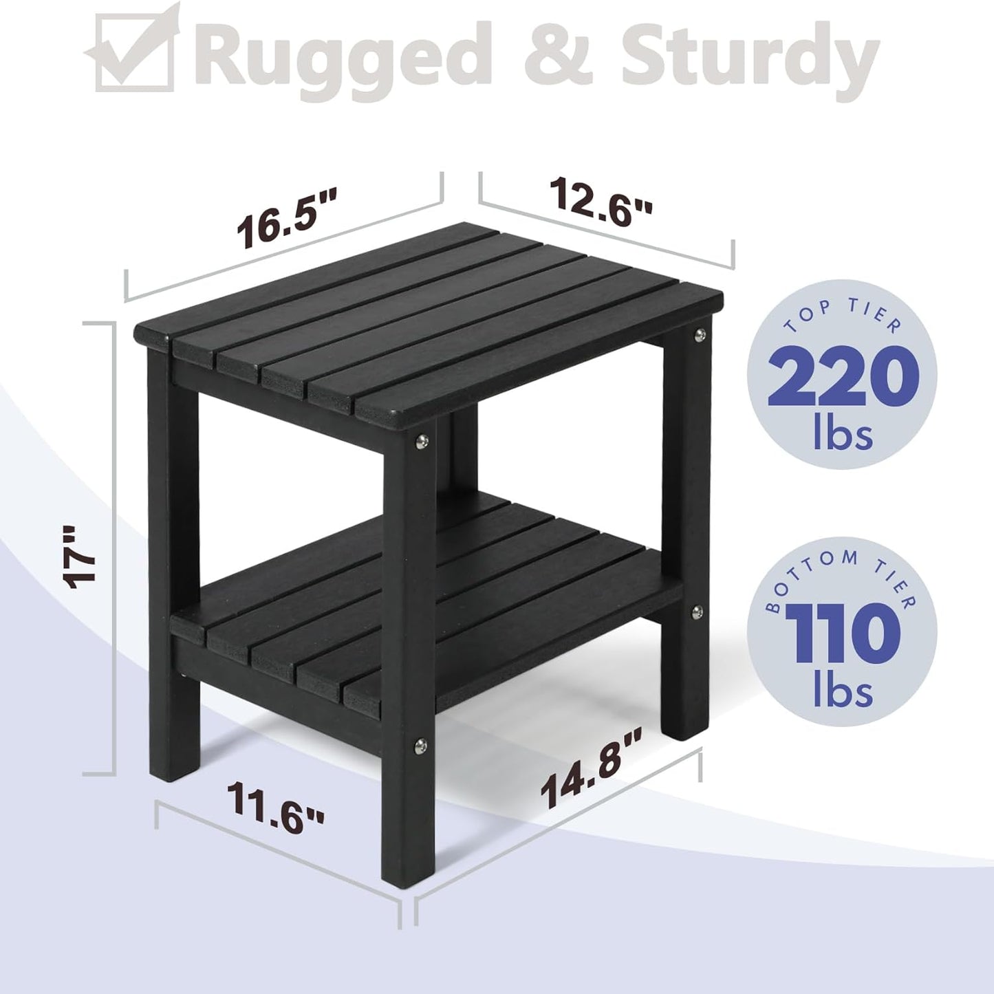 PASAMIC 2-Tier Adirondack Square Side Table, 17" HDPE Outdoor Side Tables, Weather Resistant End Table for Patio, Backyard, Pool, Indoor Companion, Beach, Easy Maintenance (Black)