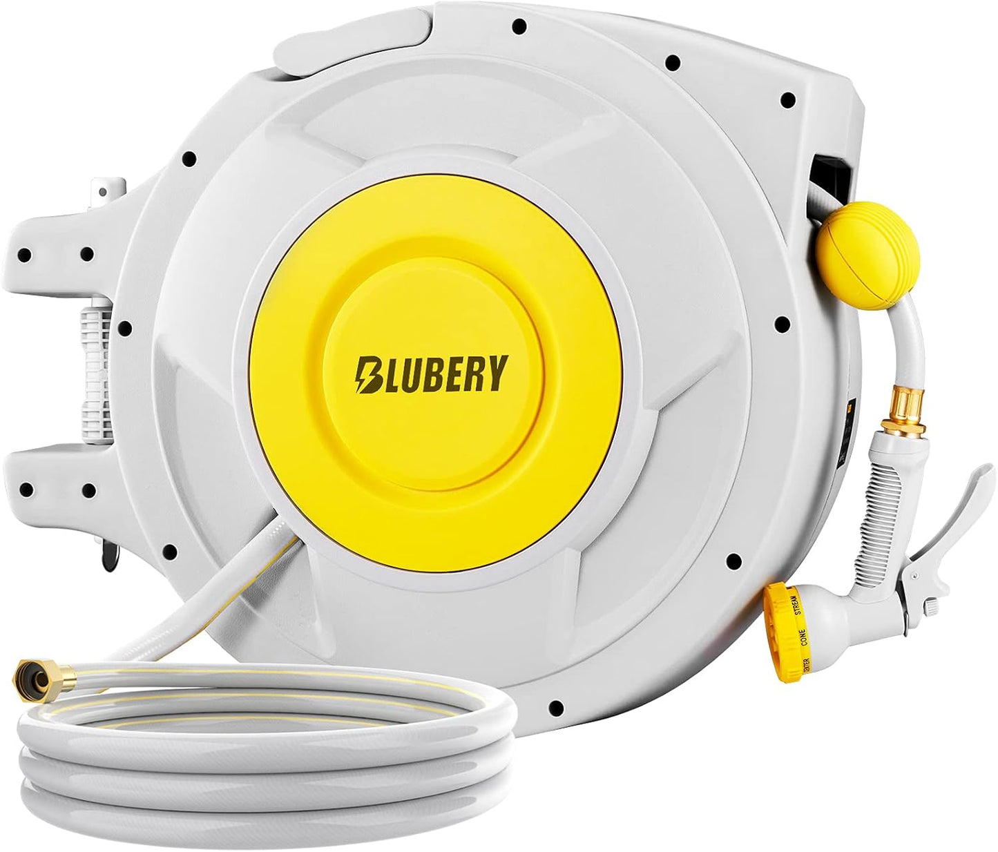 BLUBERY 5/8" x 100+6.7ft Retractable Garden Hose Reel with Slow Return System, Heavy-Duty Wall-Mounted 39.3LB, 10" Handle, 180° Swivel Bracket, Any Length Lock