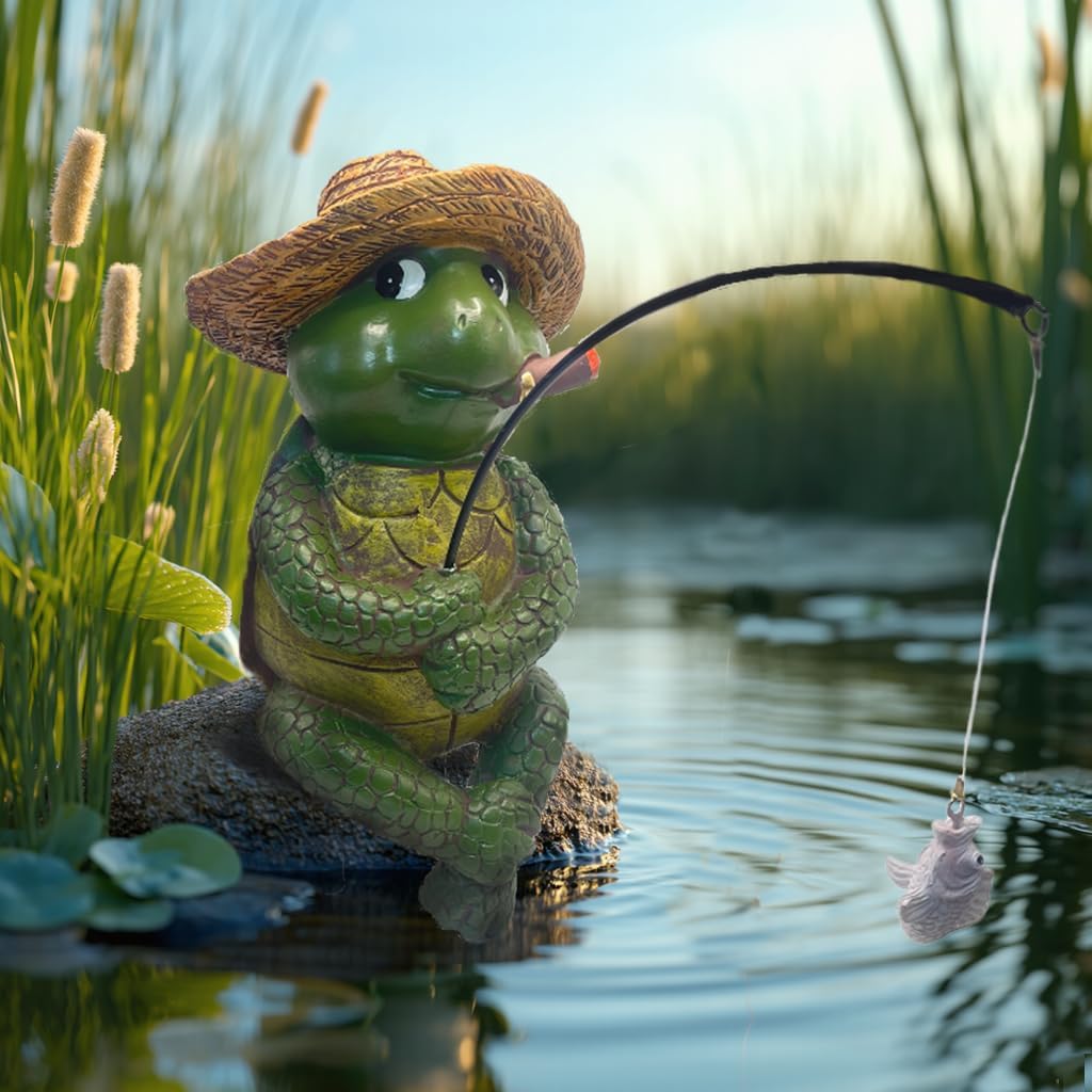 Tortoise Fishing Statue Garden Decor，9.8" Weatherproof Resin Tortoise Fishing Sculpture Decor for Fish Ponds, Koi Ponds, Waterfalls, Poolside Outdoor Gardens Resin Figurine for Indoor Outdoor Décor
