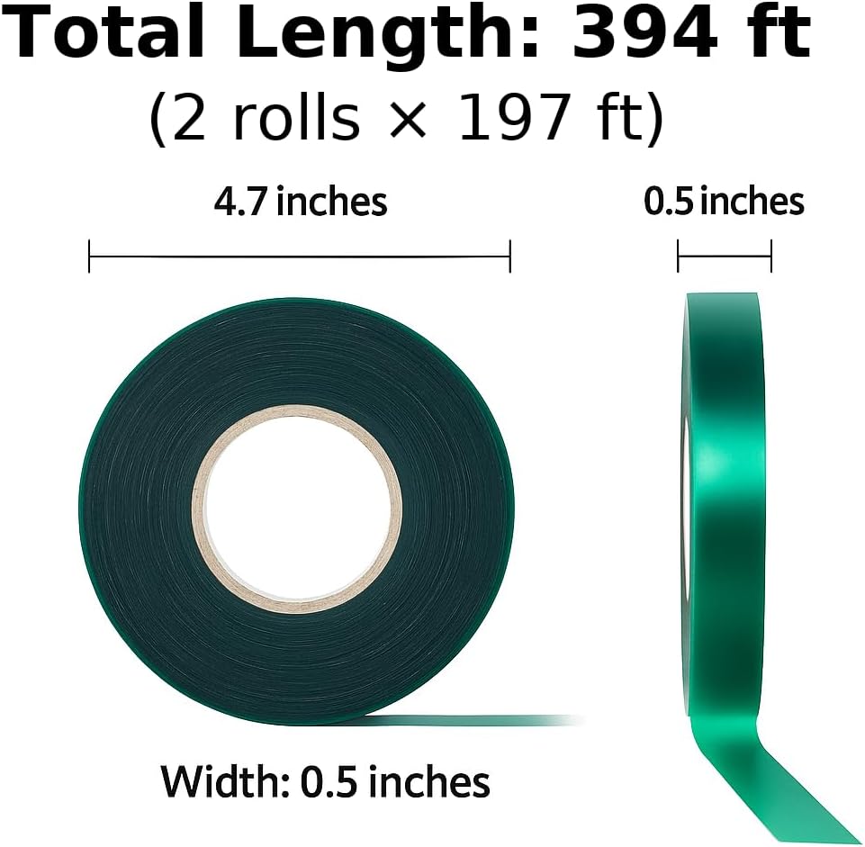2 Rolls Plant Tie Tape, 0.5 in × 197 ft Each (394 ft Total) – Soft Stretch PVC Garden Ties, Reusable Non-Adhesive, with Binder Clip & Mesh Storage Bag for Tomato, Vine, Flower & Tree Suppor