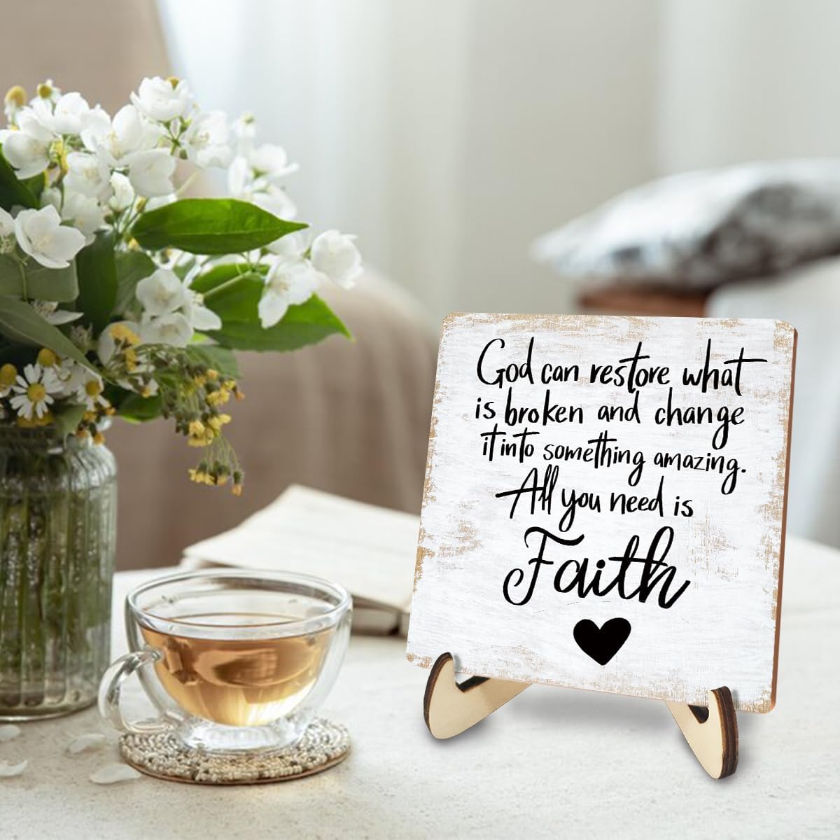 Motivational Wood Sign Rustic Desk Decor Home Bedroom Office Decor Work Table Desk Accessories Decorative Christian Religious Bible Verse Faith Decorations Office Supplies for Desk Cubicle Decor