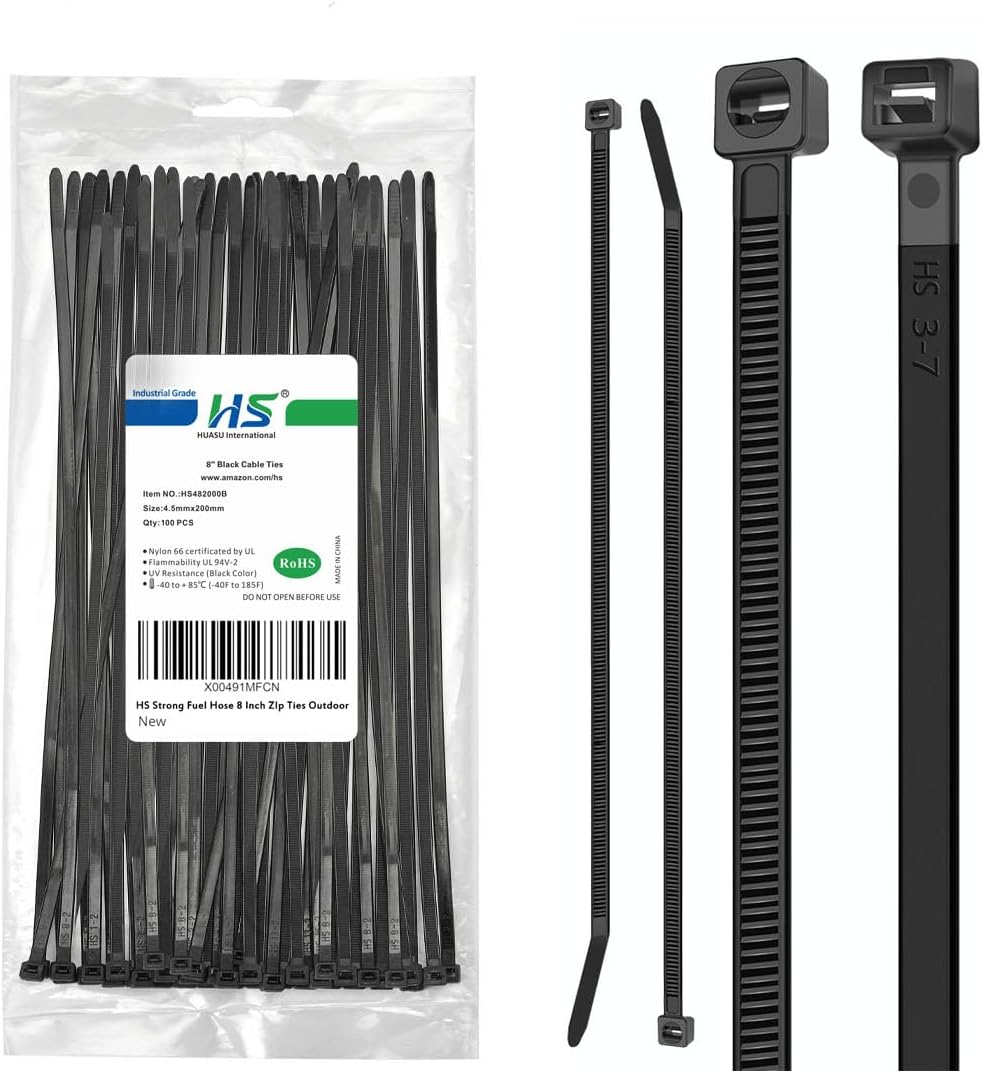 HS Strong Medium Zip Ties 8 Inch x 3/16" UV Rated Black 100 PCS Cable Zipties 50 Pounds Heavy Duty Self-Locking Strap Ties Automotive,Outdoor Fence Purpose