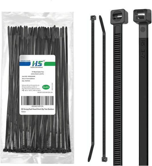 HS Strong Medium Zip Ties 8 Inch x 3/16" UV Rated Black 100 PCS Cable Zipties 50 Pounds Heavy Duty Self-Locking Strap Ties Automotive,Outdoor Fence Purpose