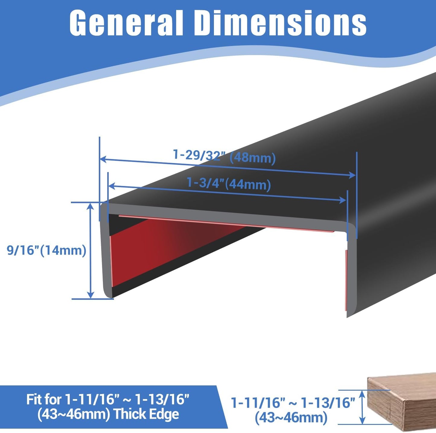 Rubber Edge Trim, 1-3/4 inches Self-Adhesive U Channel Edge Protector for Woods, Flexible U Shaped Peel and Stick Edge Banding, Edge Guard, Fit 1.75"(44mm), 10Ft, Black