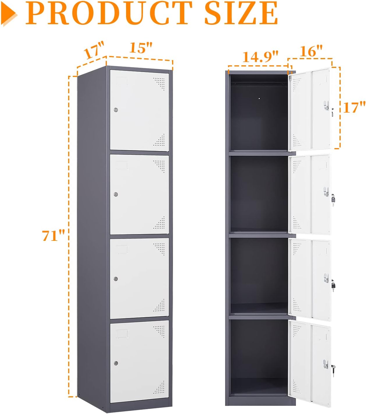 Metal Locker with 4 Doors, 71'' Lockers for Employees Steel Storage Locker, Lockable Locker Cabinet for School, Gym, Home Office and Garage（Grey White） (Rectangular)