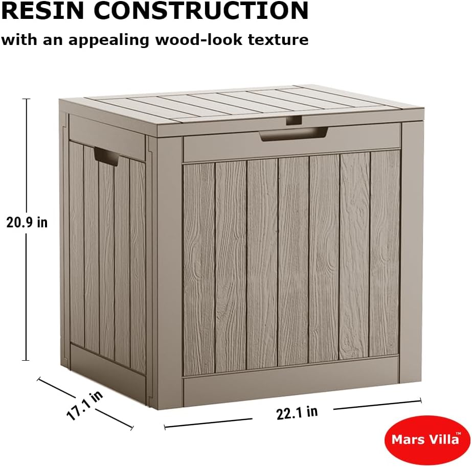 Mars Villa 31 Gallon Deck Box, Outdoor Storage Box Waterproof, Outside Resin Storage Bin for Outdoor Patio Furniture Cushions, Pool Supplies, Garden Tools, UV-Resistant and Weatherproof, Light Brown
