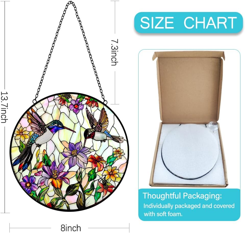 Hummingbird Sun Catcher Stained Glass Window Hanging - Wildflower and Bird Suncatchers for Windows Stained Glass Suncatcher - Sun Catchers Indoor Wall Art Home Decor Gift for Women Mom Bird Lovers