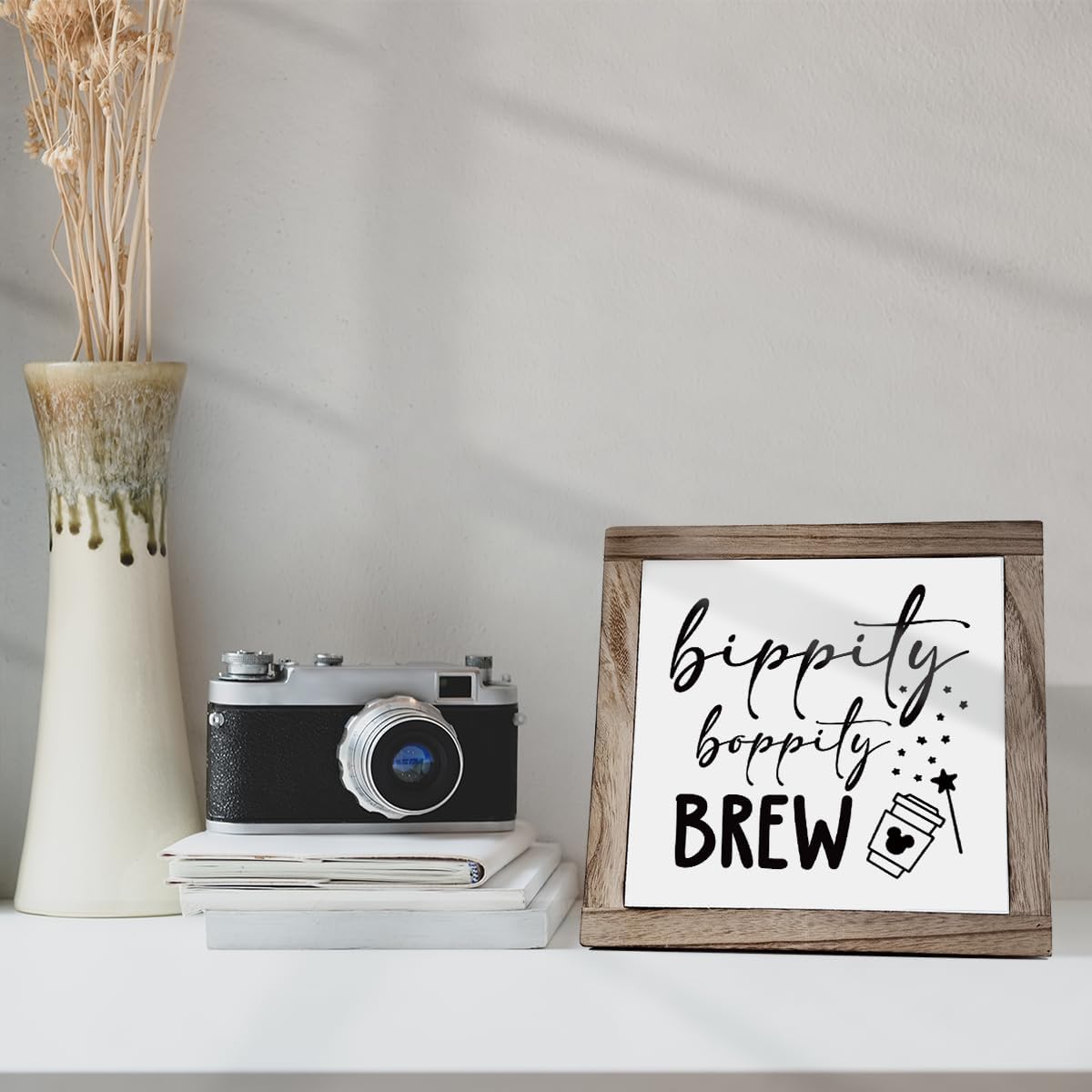 Bippity Boppity Wood Plaque Sign, Box Wood Plaques Desk Décor, Rustic Wooden Coffee Table Sign, Kitchen Home Decor, Tabletop Decor Sign, Coffee Lover Gift, Disney Lover Gift 7.9×7.9inch