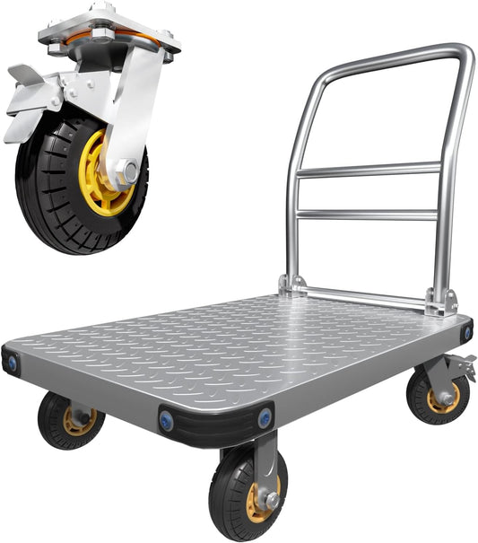 Heavy Duty Platform Truck Flat Moving Cart Hand Trucks, 1500Lbs Steel Push Cart Dolly, 30 x 19in Large Flatbed with 4'' 360 Degree Swivel Wheels for Easy Storage