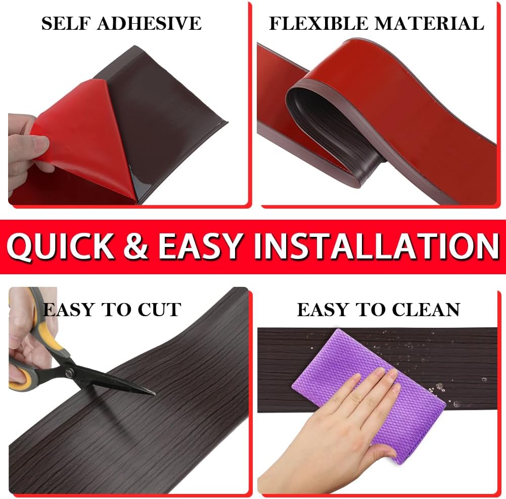 FONUNO Vinyl Wall Base Baseboard Molding Trim 4" Flexible Self Adhesive Rubber Wall Base Moulding Trim Peel and Stick Design, 4 Inch x 20 Feet, Black Walnut Wood Grain