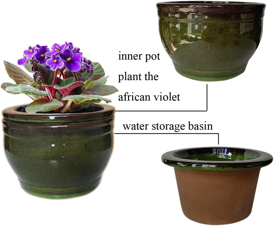 African Violet Pots Self Watering Round Ceramic Violet Pot (Olive drab, 6 inch)