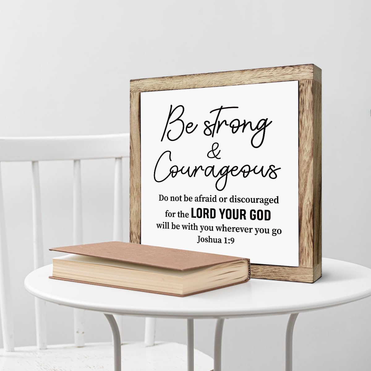 Scripture Be Strong and Courageous Wooden Plaque Box Sign, Inspirational Wood Art, Christian Home Decor for Living Room, Motivational Desk Gift