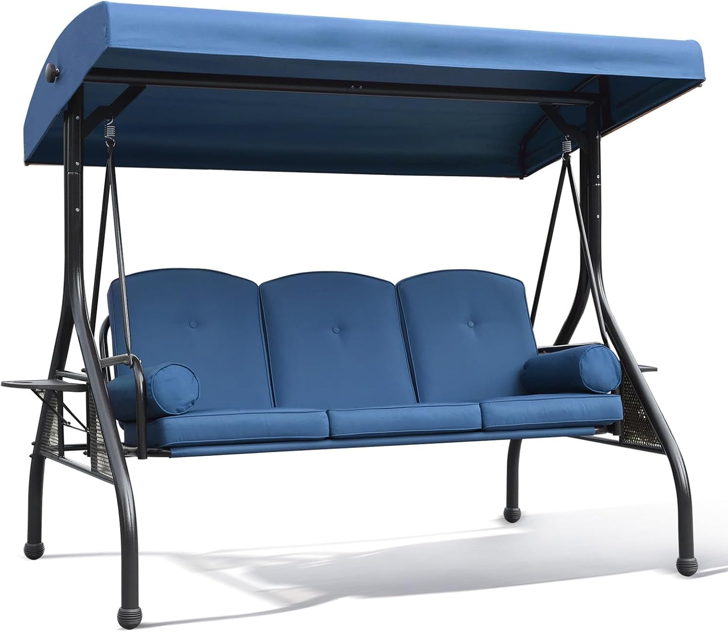 NOBLEMOOD Patio Porch Swing, 3-Seat Outdoor Swing with Adjustable Canopy, Waterproof Fabric Cushion, Pillow and Foldable Side Tray for Patio, Backyard, Porch Swing Bed for Spring