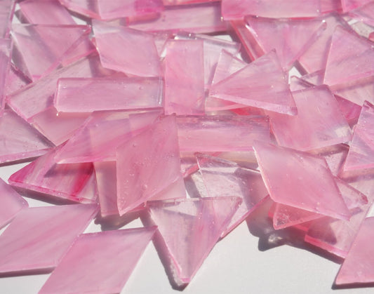 Crisp Texture Transparent Glass Mosaic Tiles, 200g Stained Glass Pieces, 4 Shapes Pre-Cut, Misty Pink
