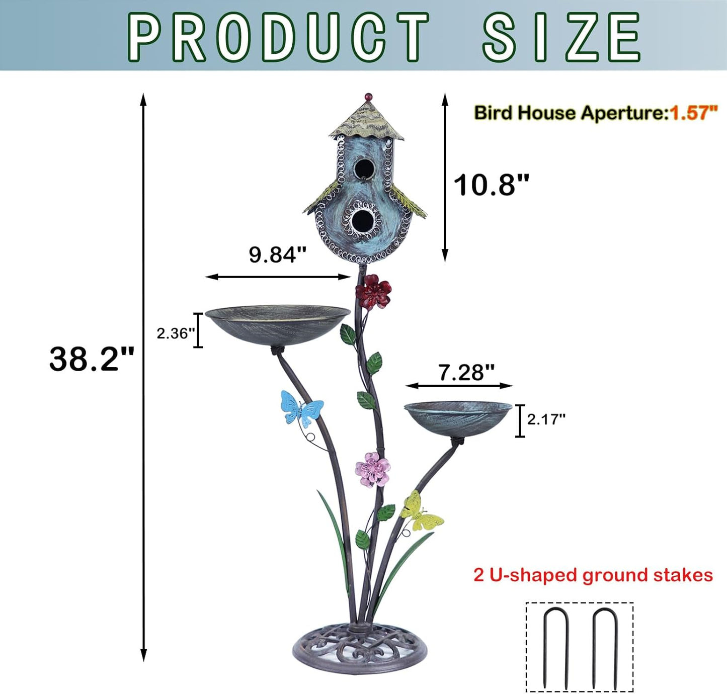 38" H Birdbaths for Outdoors,Metal Bird Feeder and Bird Houses for Outside,3-in-1,Garden Yard Decor