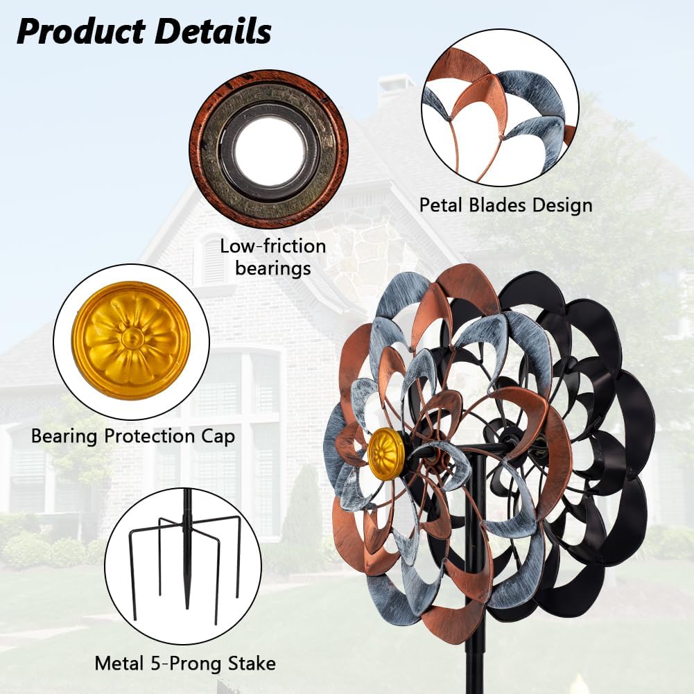 VEWOGARDEN 360° Outdoor Metal Wind Spinners Kinetic Wind Sculptures & Spinners for Yard Garden Lawn Patio Decorations, Gray & Bronze