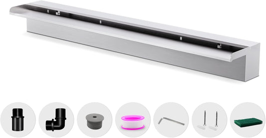 Waterfall Pool Fountain LONGRUNNEW 304 Stainless Steel 35.4" Rectangular Waterfall Spillway, Water Fall Fountain with Pipe Connector for Garden Outdoor, Swimming Pools, Fountains, Pond and Spa