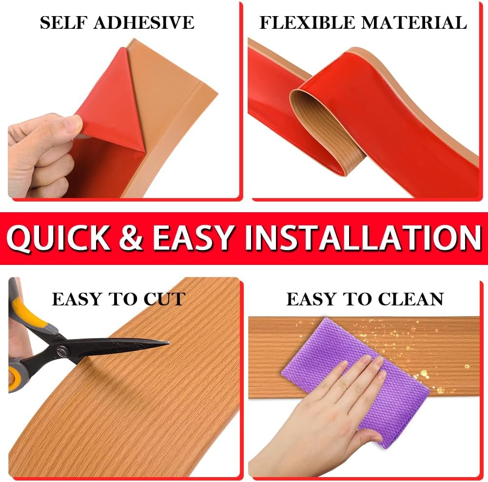 FONUNO Vinyl Wall Base Baseboard Molding Trim 4" Flexible Self Adhesive Rubber Wall Base Moulding Trim Peel and Stick Design, 4 Inch x 20 Feet, Yellow Wood Grain