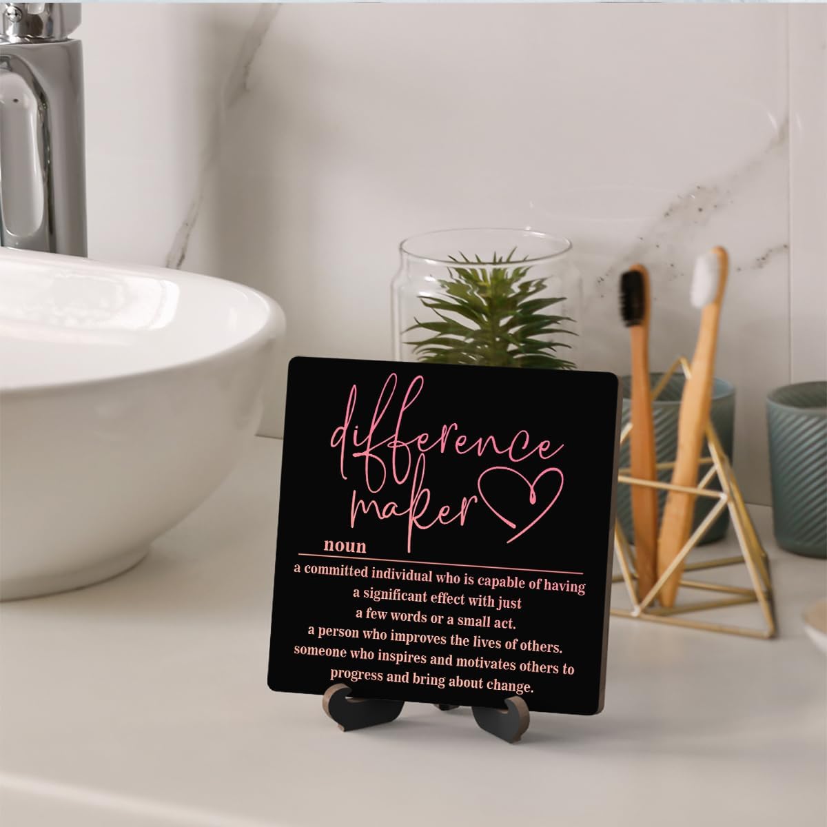 Wooden Table Sign Office Decor Difference Maker Definition Desk Decor Wood Plaque With Stand Thank You Gifts for Boss Women Best Mom Coworker Teacher Office Desk Accessories(Black)-C02