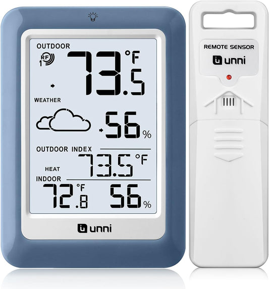Indoor Outdoor Thermometer Hygrometer Wireless Weather Station, Temperature Humidity Monitor Battery Powered Inside Outside Thermometers with 330ft Range Remote Sensor(Blue)