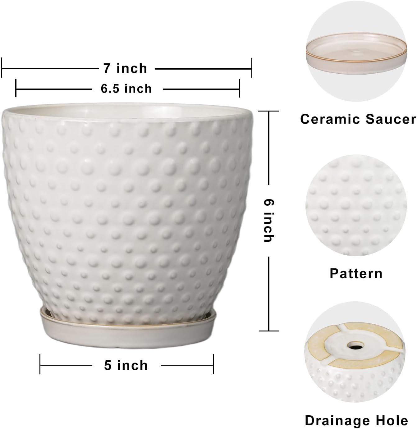 G EPGardening 7 Inch Ceramic Plant Pot with Drainage Hole and Saucer Round Planter Decorative Flower Plant Pot for Indoor Plants Outdoor White
