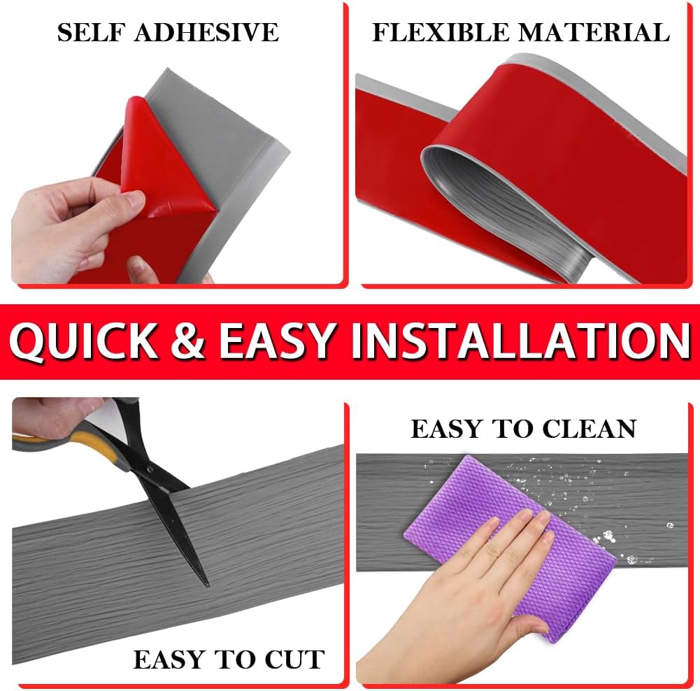 FONUNO Vinyl Wall Base Baseboard Molding Trim 4" Flexible Self Adhesive Rubber Wall Base Moulding Trim Peel and Stick Design, 4 Inch x 60 Feet, Medium Grey Wood Grain