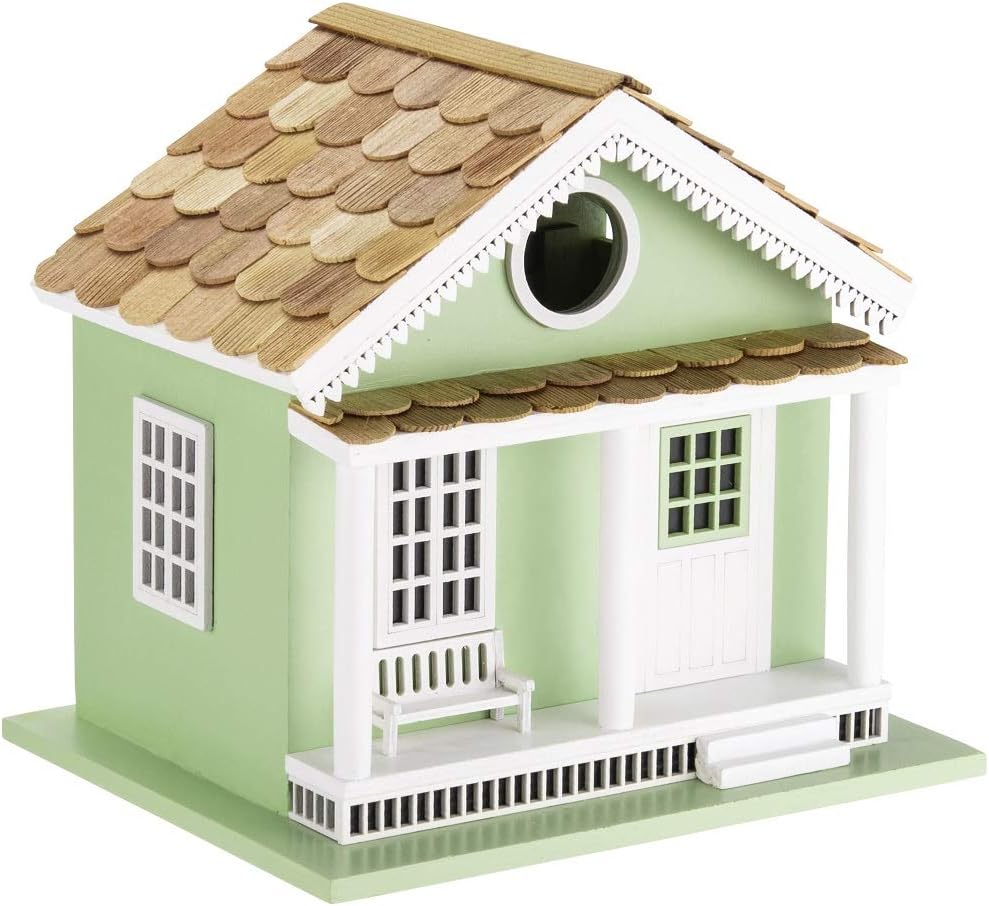 Decorative Wooden Birdhouse for Outdoor Hanging – Handcrafted Miniature Cottage Style with Blue Roof, Front Porch, and Balcony – Garden or Backyard Décor for Wild Birds (Green Lake House)