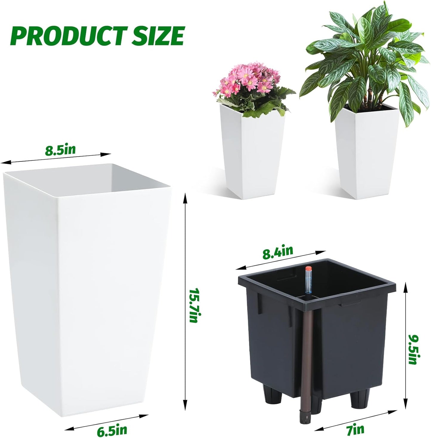 16" Tall Planters Set of 2, Outdoor＆Indoor Black Planter Pots, High Front Porch Planter Pots with Drainage Holes＆Water Level Monitor＆Inner Bucket, Automatic Watering,White