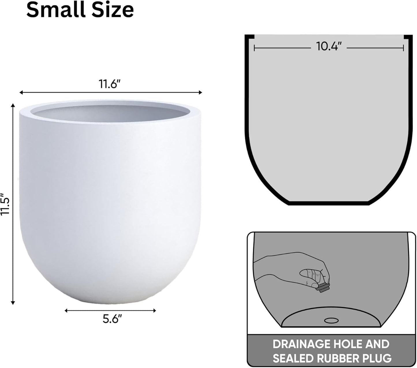 DTY Signature Mount Antero Lightweight and Durable Modern Fiberstone Bullet Shaped Planter Indoor & Outdoor Drainage Hole & Rubber Plug Weather Resistant, 12" H x 12" Dia, 10.2" Opening - Small, White